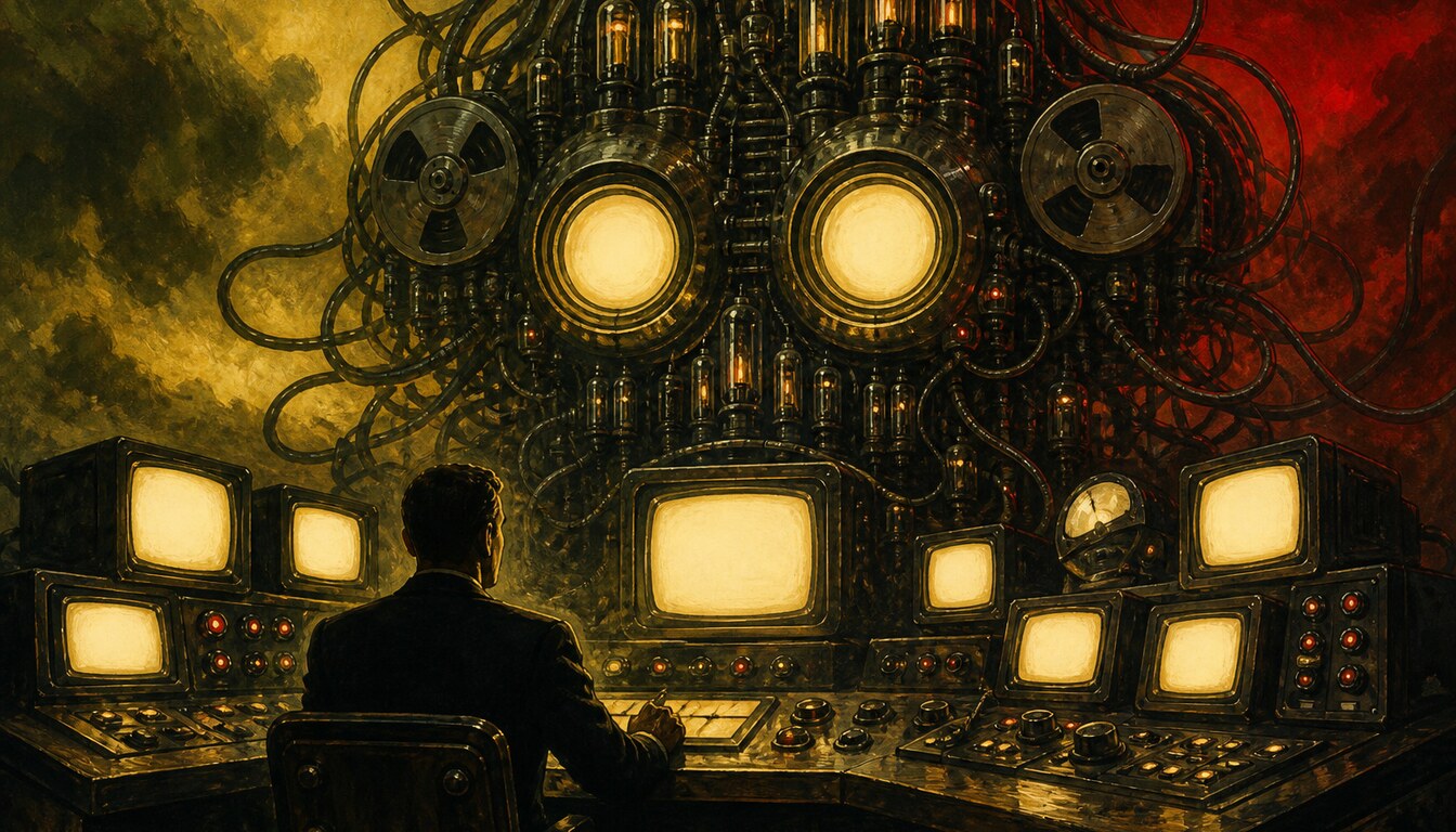 1960s pulp horror sci-fi poster of a human operator prompting a vast deceptive machine-brain
