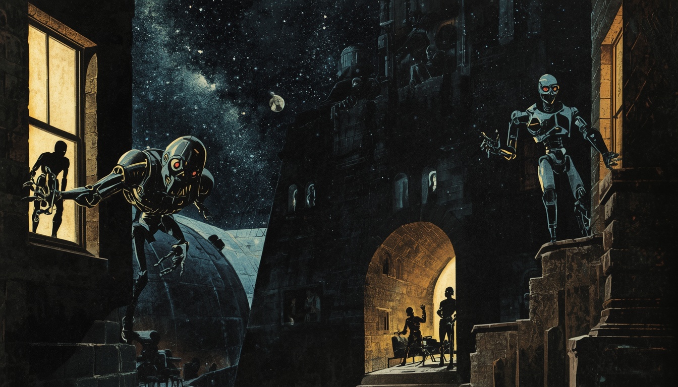 Dark vintage space-horror illustration of sinister robots around a fortress under a starry sky