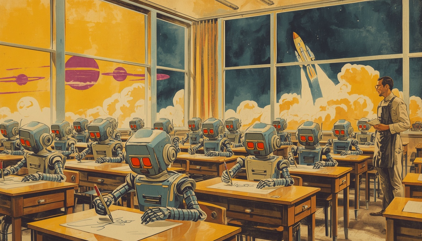 Painterly pulp sci-fi illustration of robots writing in a classroom while a rocket launches outside